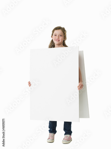 Young girl wearing plain white sandwich board