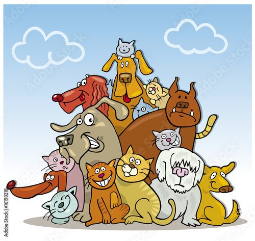 big group of cats and dogs on blue sky
