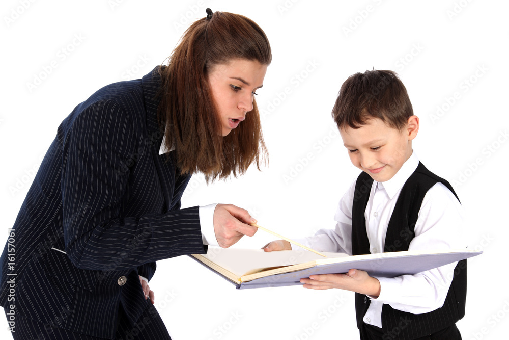 teacher and boy with book isolated on white teacher and boy with book isolated on white