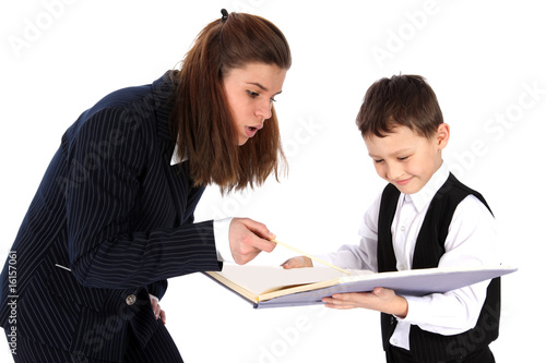 teacher and boy with book isolated on white