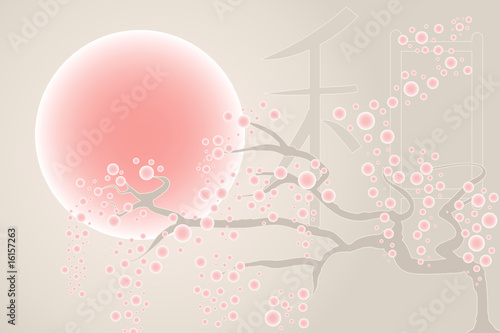 Cherry tree flowering with pink moon and ideogram of peace