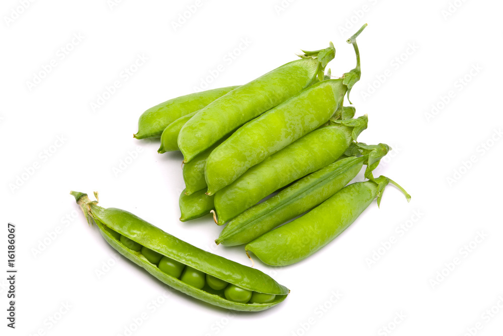 Pods of fresh green peas on a white background Pods of fresh green peas on a white background