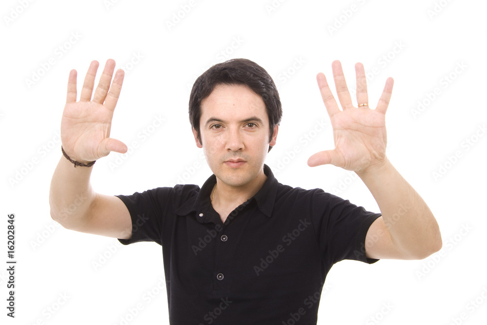 young casual man portrait, show is hands isolated on white