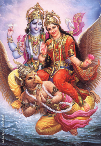 indian god visnu ji with maa laxmi ji in garur