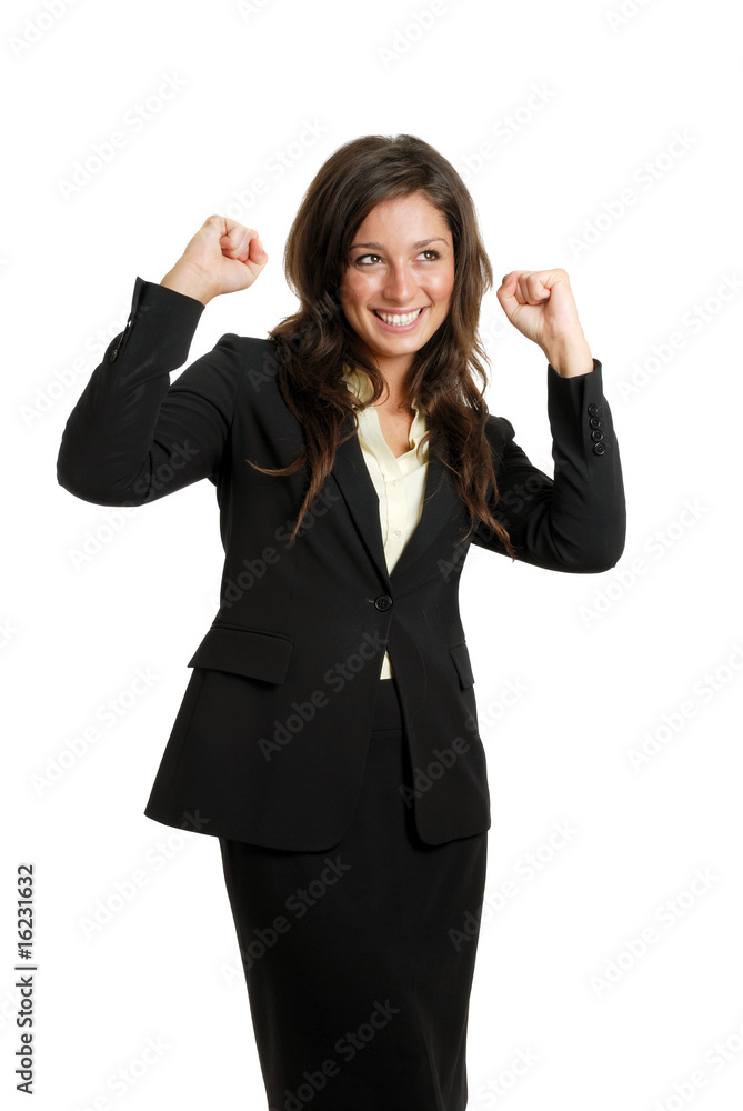 Business woman celebrating success with hands raised Business woman celebrating success with hands raised