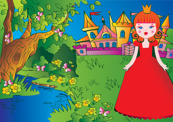 Fototapete Schloss Beautiful princess on the meadow in a red dress. Fairy-tale.  © Tetiana Nikonorova