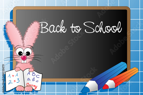 Back to school with a pink rabbit and pencils