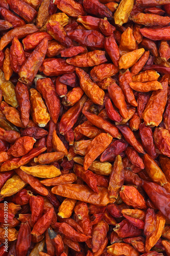 Macro image of mixed dried chillies