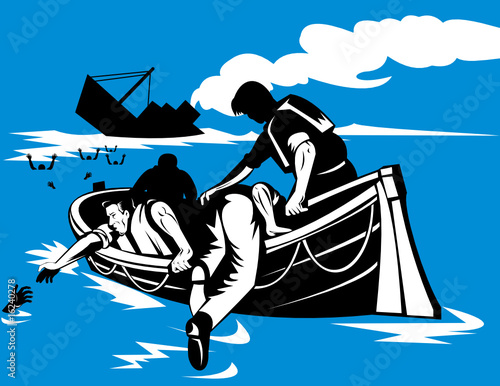Men on lifeboat with sinking ship in background