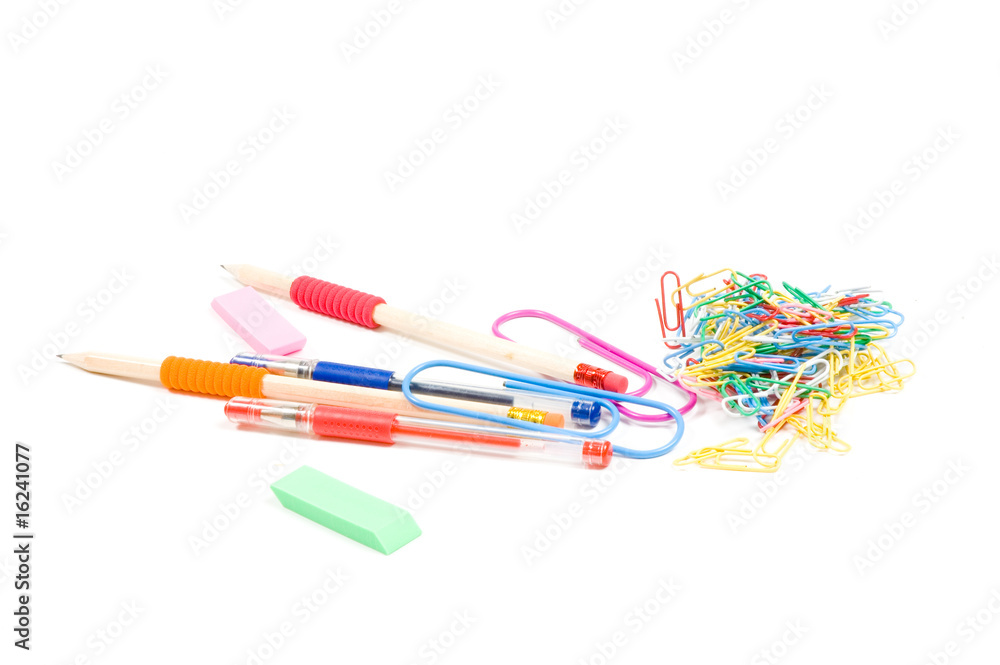 Back to school supplies studio isolated on white background