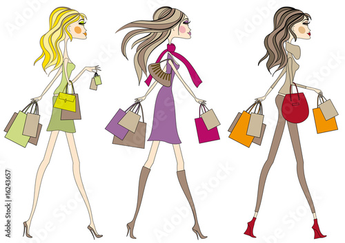 Fashion girls walking with shopping bags, vector