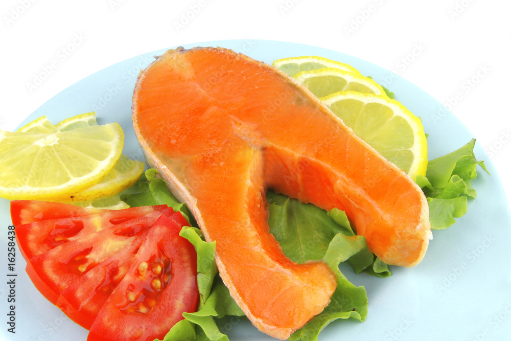 salmon steak on blue dish