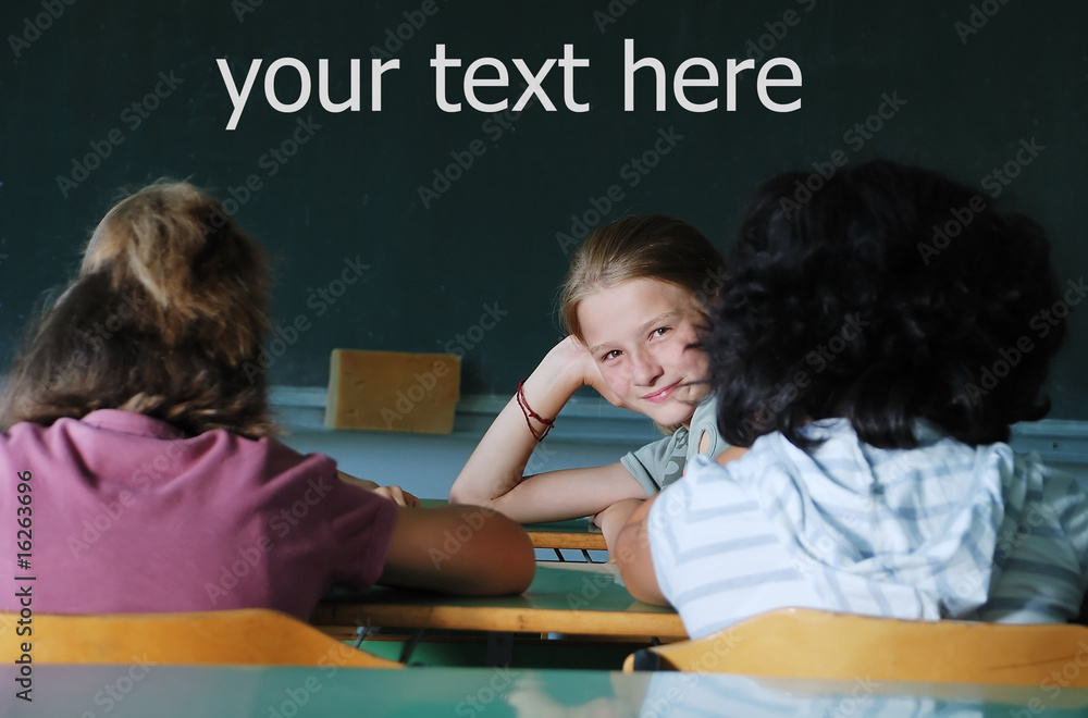 Classroom at school and text on green board Classroom at school and text on green board