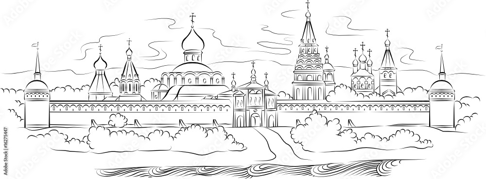 Russian Monastery and river, vector illustration