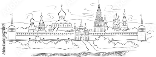 Russian Monastery and river, vector illustration
