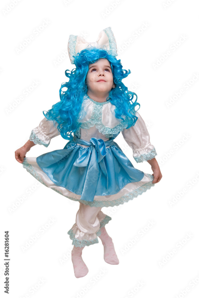 Beautiful little girl dressed up like a doll with turquoise hair