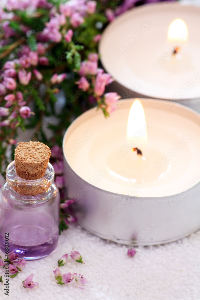 Lavender spa with essential oil and candles