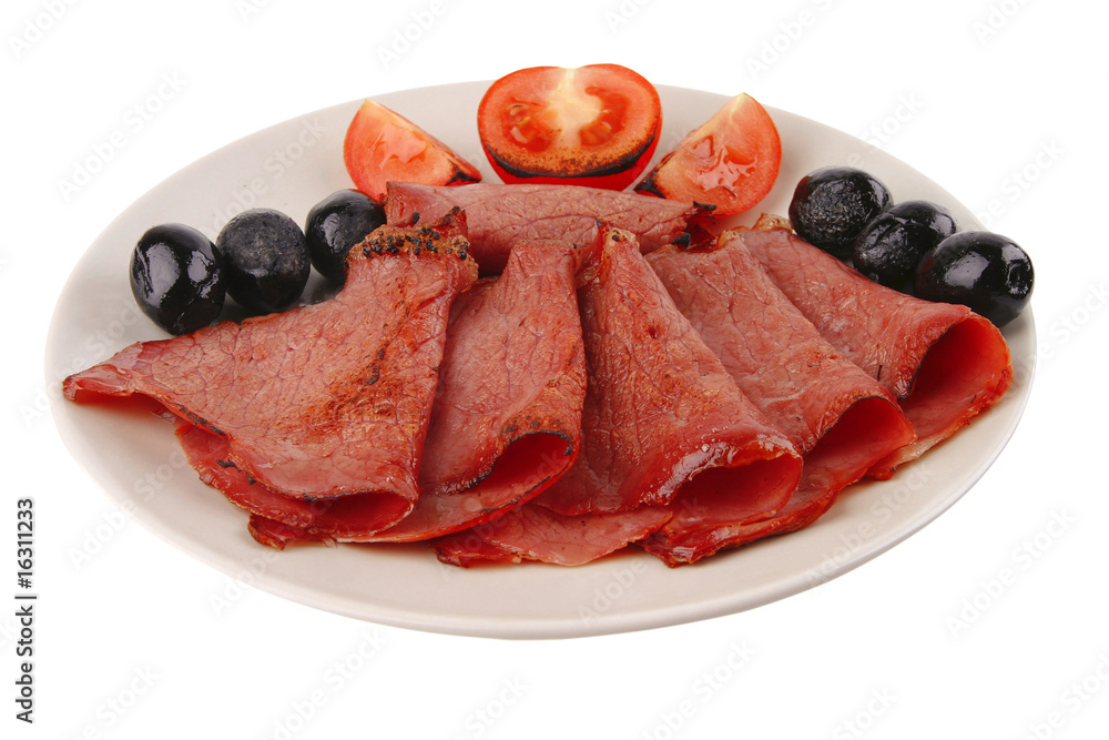 sliced served sausage with raw tomato sliced served sausage with raw tomato
