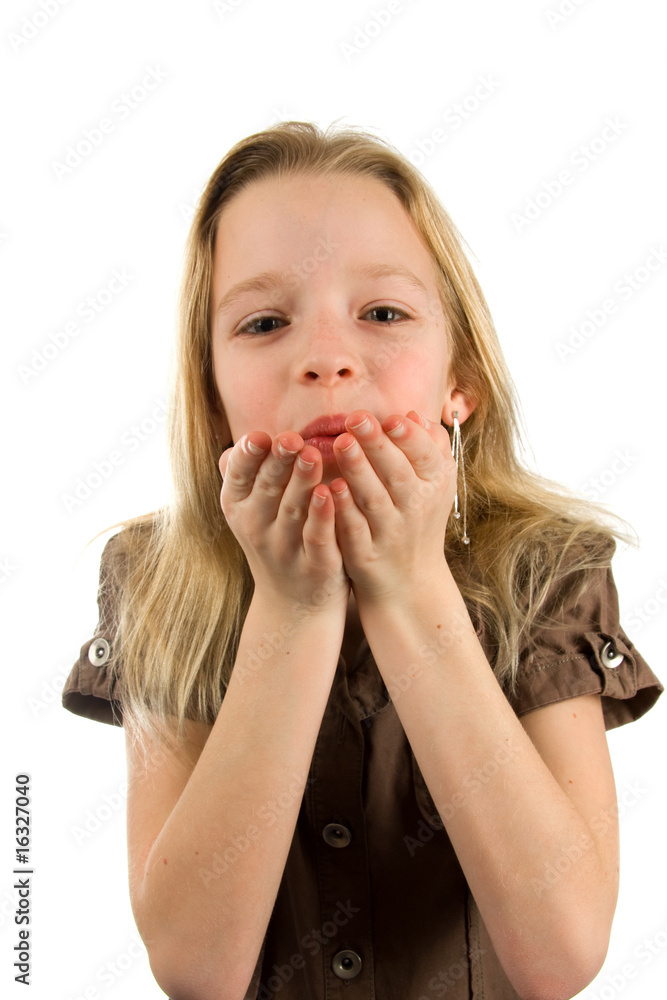 Young blonde girl with blow kiss over white background Young blonde girl with blow kiss over white background