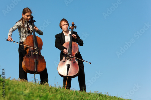 Two violoncellists play on grass against sky