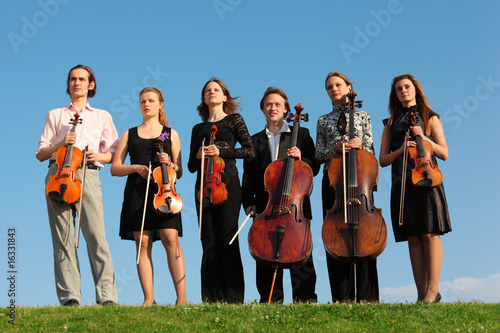 Six violinists stand on  grass against sky