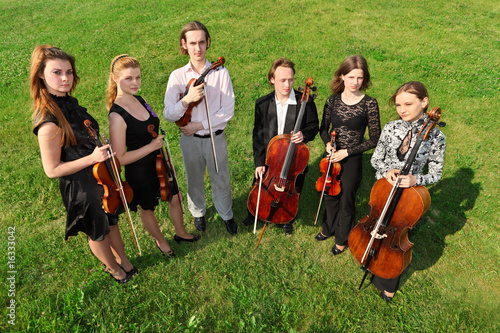 Six violinists stand semicircle on grass