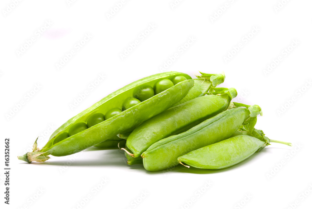 Pods of fresh green peas on a white background Pods of fresh green peas on a white background