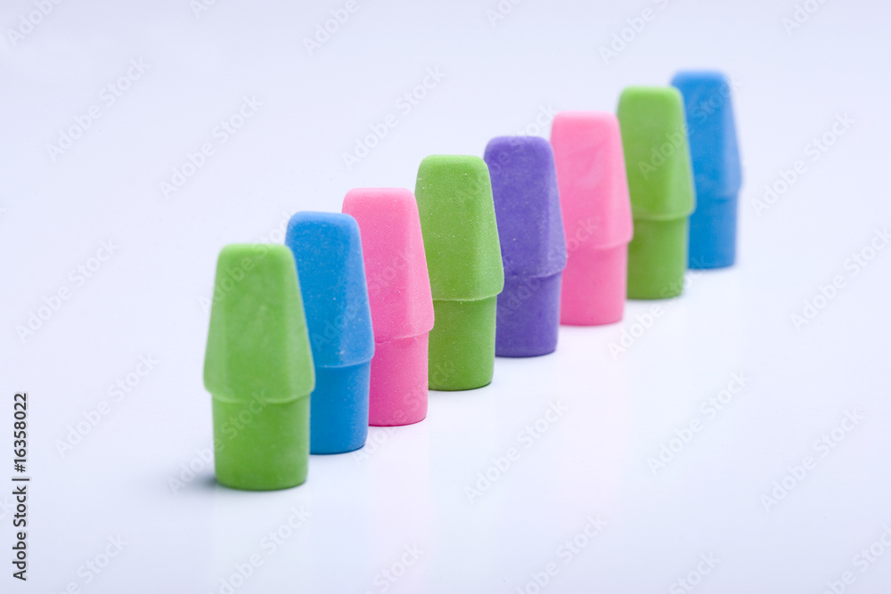 Erasers set diagonally on white background. Erasers set diagonally on white background.