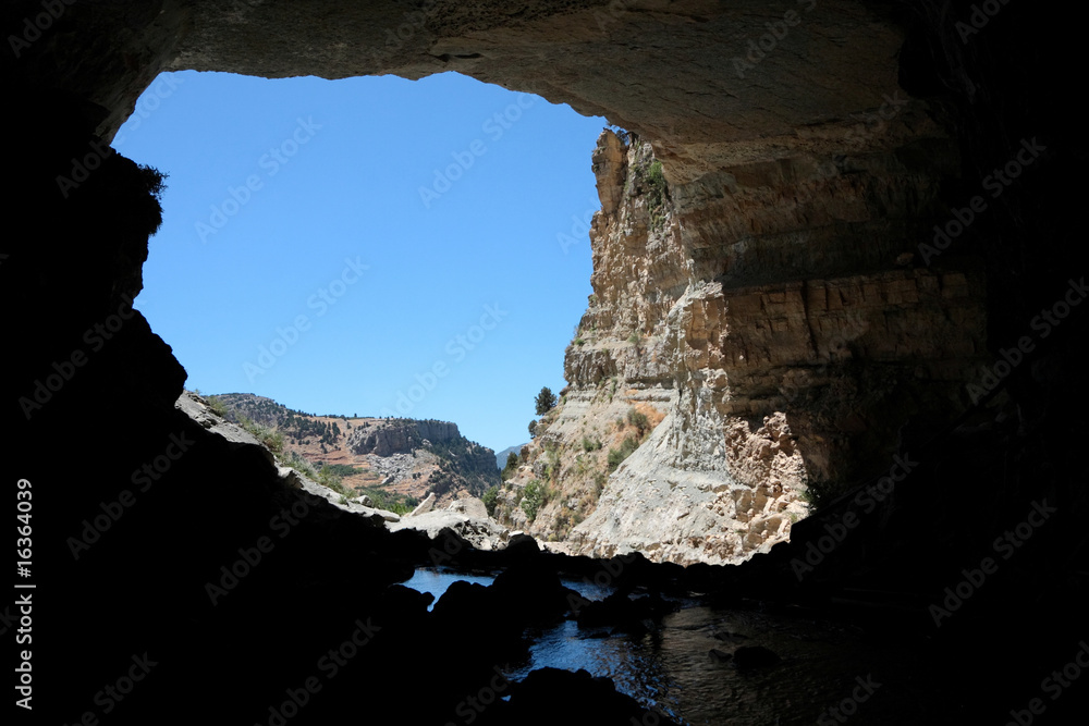Afqa cave, looking out of the entrance at the mountains, Lebanon