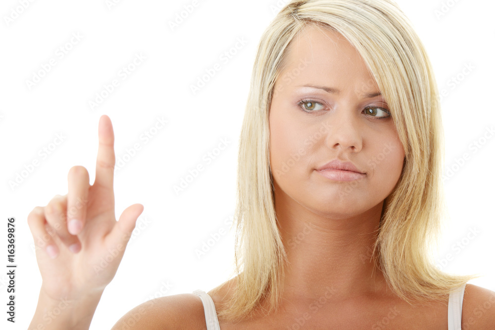 Young blond woman touching screen Young blond woman touching screen