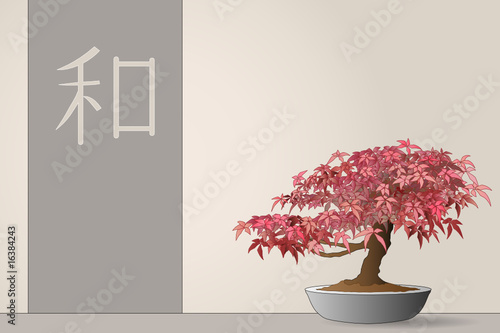 Japanese maple bonsai with flag and ideogram of peace