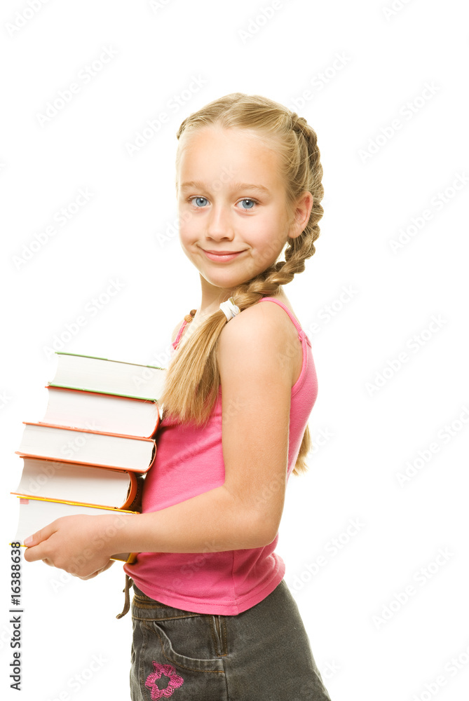 Happy little schoolgirl with a stack of heavy books .... Happy little schoolgirl with a stack of heavy books ....