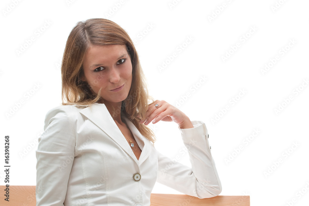 Attractive smiling young woman in white jacket Attractive smiling young woman in white jacket
