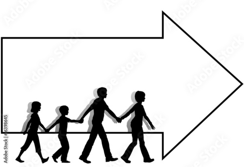 Family mom dad kids walk to follow arrow copyspace