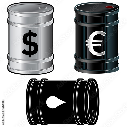 Oil barrel icon set - includes euro, dollar, and liquid drop