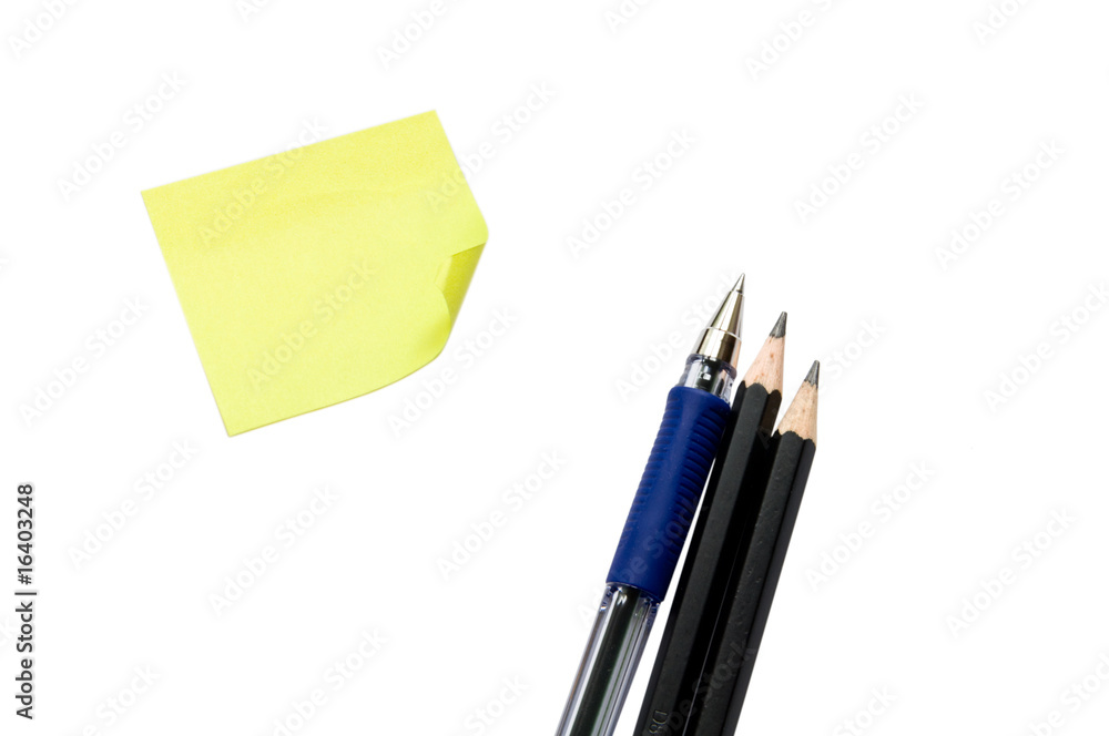 Sticker, pen and pencil isolated on the white Sticker, pen and pencil isolated on the white