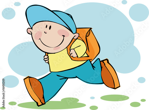 Funny boy runs in school
