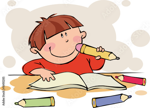 The funny boy doing his homework