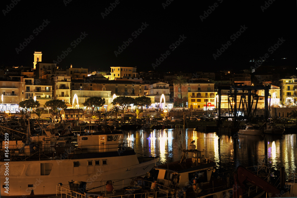Nightly cityscape with harbour, Marina di Camerota, Italy