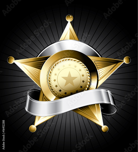 Golden sheriff badge design with a silver ribbon for text