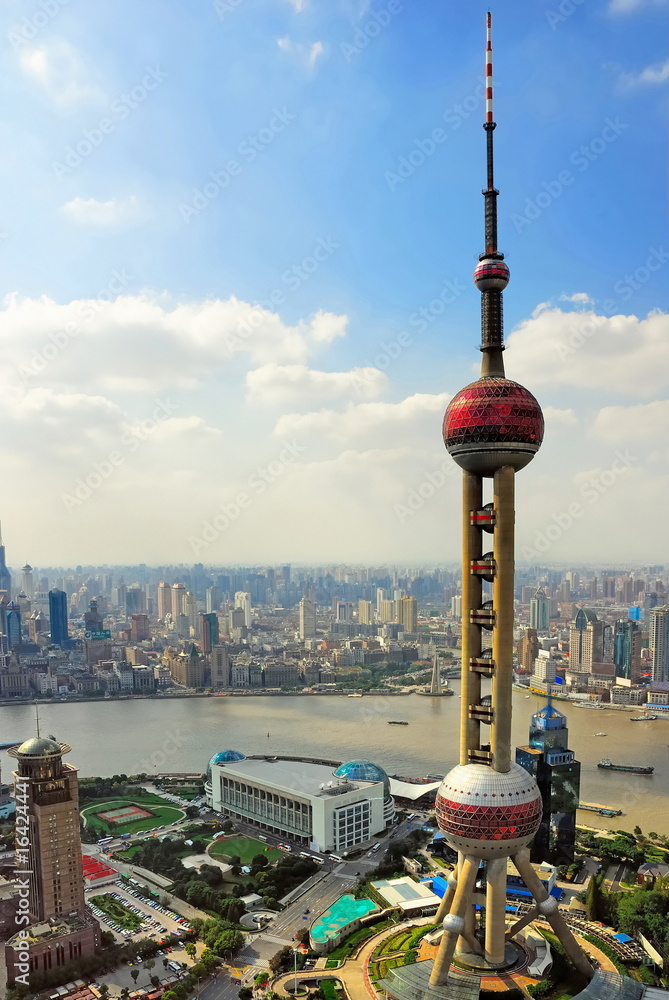 Naklejka premium Chiny Szanghaj perłowa wieża, Bund i Puxi