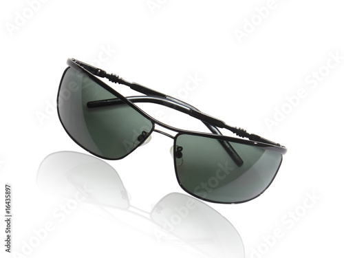 Black sunglasses isolated on white background with reflection.