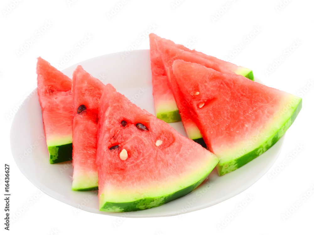 Slice of watermelon on white plate, isolated on white. Slice of watermelon on white plate, isolated on white.