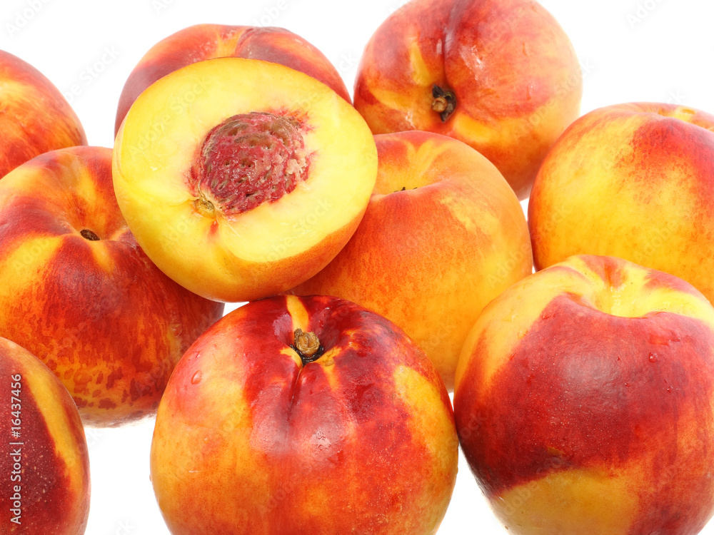 Peaches and cut of peach on white background. Isolated Peaches and cut of peach on white background. Isolated