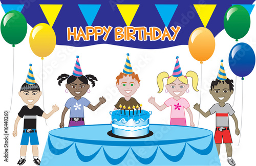 A birthday party with cake. Five young happy kids celebrating.