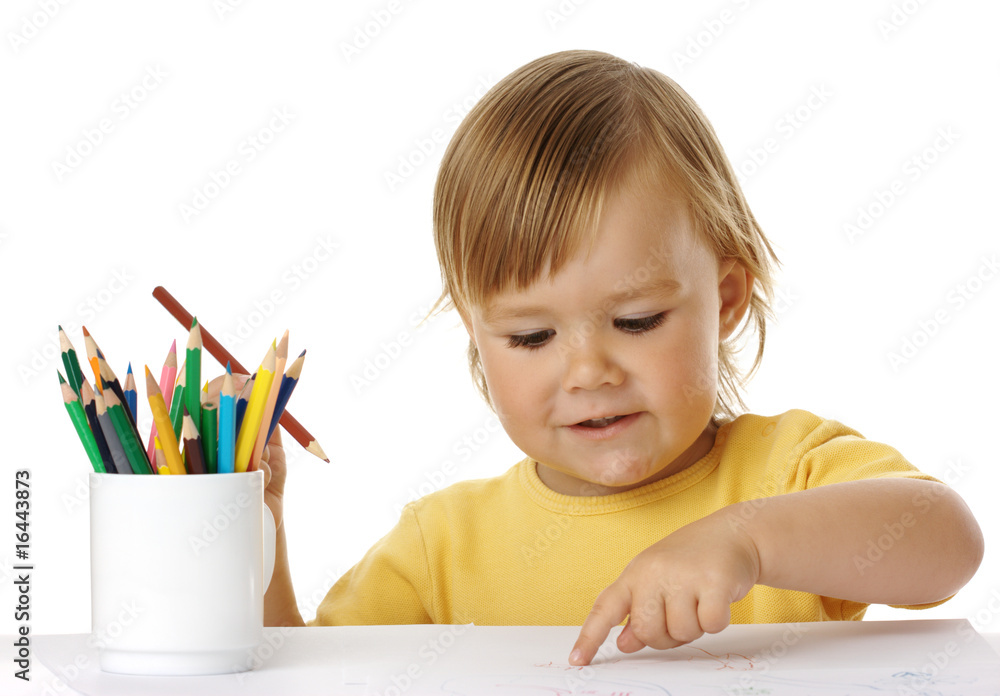 Child points on his drawing Child points on his drawing