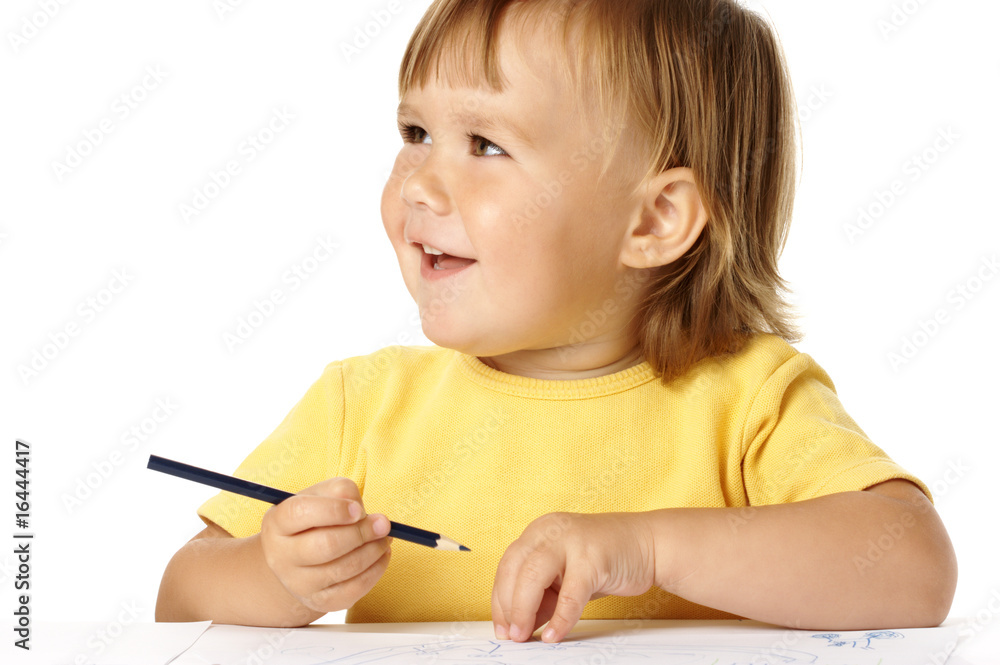 Happy child draw with crayons and smile Happy child draw with crayons and smile