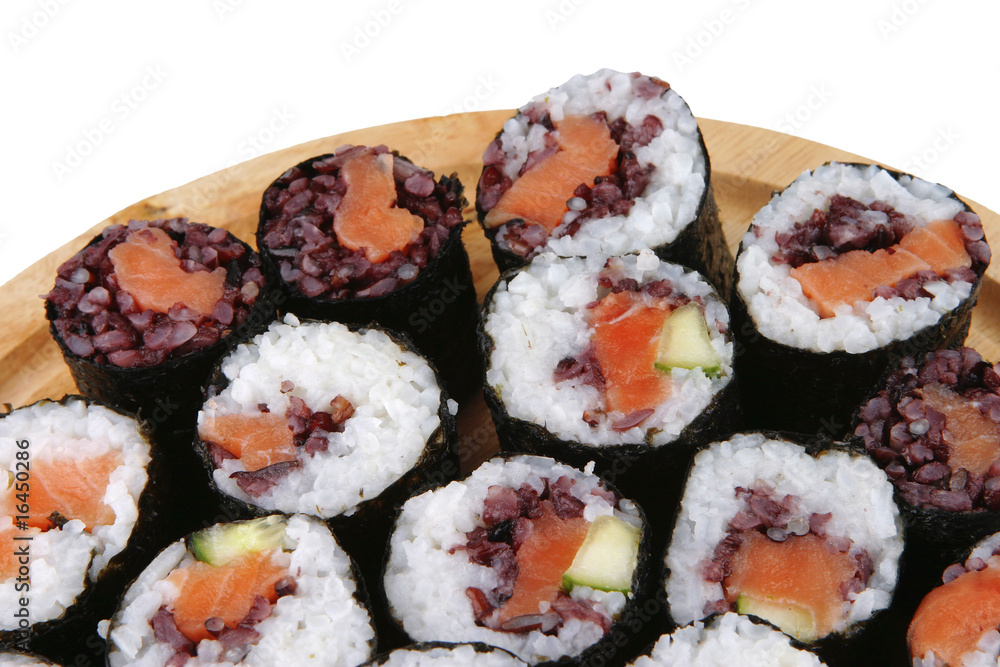 sushi on wooden plate sushi on wooden plate