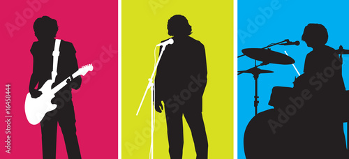 illustration of a rock or pop band with guitar, drums and singer