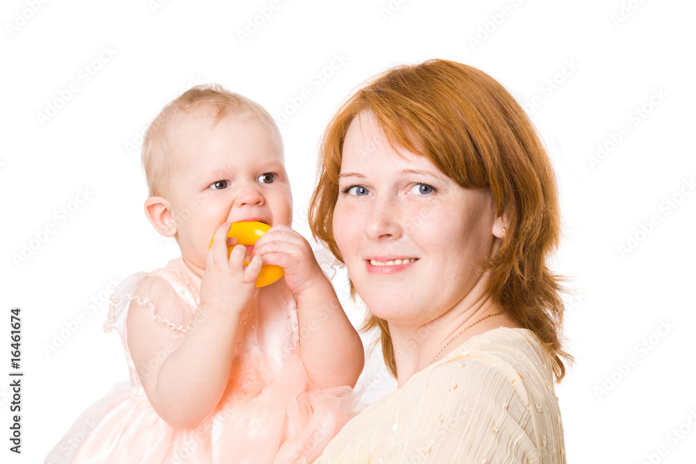 Baby playing with mother isolated on white Baby playing with mother isolated on white